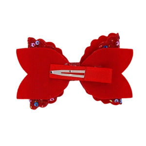 Barrette à cheveux nœud à paillettes rouges à trois couches pour filles avec pince métal