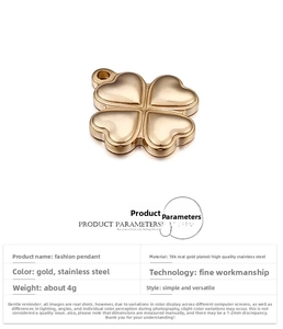 Detailed view of 18K gold plated four-leaf clover pendants with product specifications