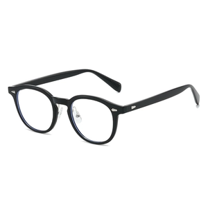 Retro TR90 black round eyeglasses frame with silver metal hinges on white background