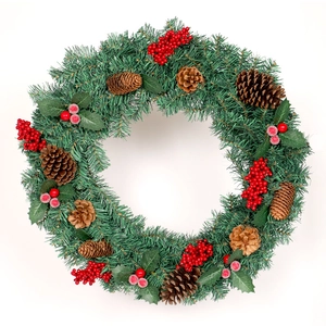 Christmas wreath with green pine needles, red berries and natural pine cones on white background