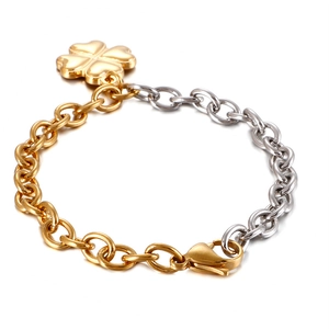 Two-tone gold and silver clover pendant bracelet in polished titanium steel for women