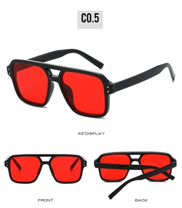 Three perspectives of square double-bridge sunglasses with black frames and red lenses