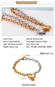 Guide des tailles détaillé du bracelet cœur en acier inoxydable de 190mm de long et 14g de poids