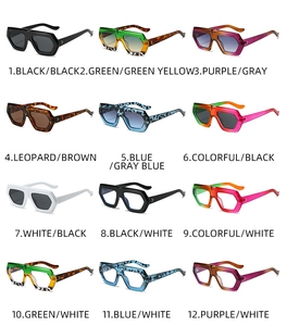 Matrix showing 12 colors of irregular thick-frame sunglasses with metal rivets detail