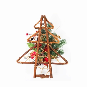Handcrafted wooden Christmas tree wreath with rustic pine needles and red berries decor