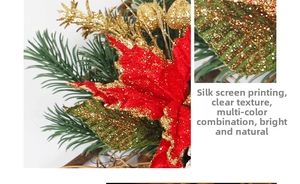 Detailed view of silk screen poinsettia flower with golden pine cones and green needles