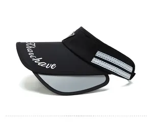 Detail of black visor hat with retractable side panels and reflective stripes for sun protection