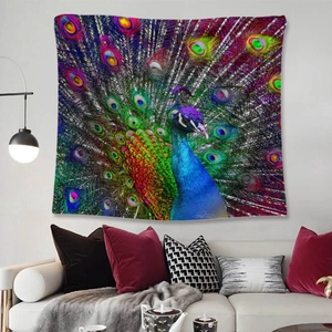 Detailed view of a vibrant peacock tapestry hanging as wall decor in a modern living room