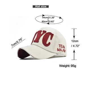 Distressed NYC baseball cap size guide showing 54-60cm circumference and 95g weight