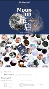 Detail of Moon Inn themed sticker box showing 46 pieces of lunar phase decorative decals