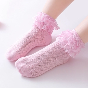 Pink mesh baby girl princess socks with double-layered lace trim for spring and autumn