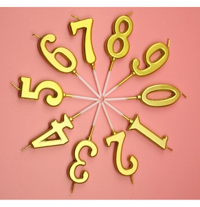 Top view of gold 0-9 number candles arranged in a radial circle on pink background