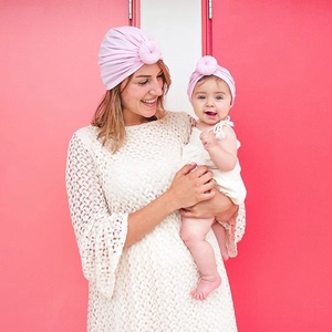 Pink donut turban hats for mother and baby in soft knitted fabric for photo props