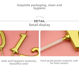 Detailed macro view of golden number candles with safe food-grade plastic stands