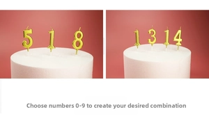 Close-up of golden number candles 518 and 1314 on a white cake with pink background