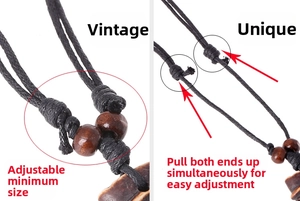 Detailed view of the adjustable black waxed cord necklace with sliding wooden beads