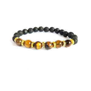 Beaded energy bracelet with Tiger Eye and Black Lava stones and gold metal spacers