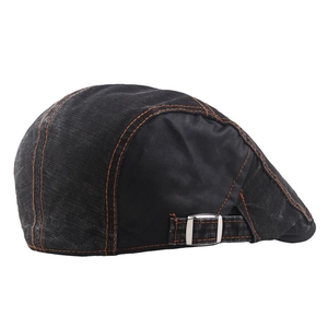 Vintage washed denim ivy cap with orange contrast stitching and adjustable metal buckle