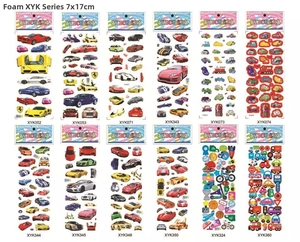Macro view of 12 foam sticker sheets featuring diverse 3D cartoon car designs and patterns
