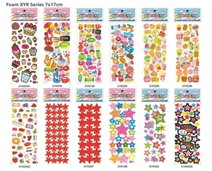 Detailed grid of 12 3D foam sticker sheets with dessert, guitar, and star patterns
