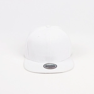 Front view of white cotton snapback hat with flat brim and six-panel ventilation design
