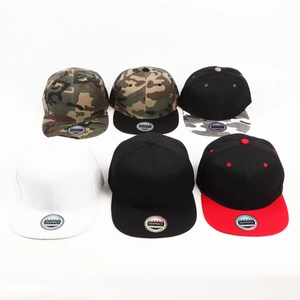 Detailed grid of snapback caps in solid colors and camouflage patterns with flat brims