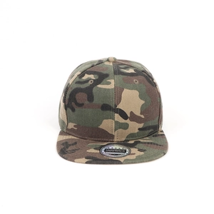 Close-up of jungle camouflage snapback cap with flat brim and high-quality fabric detail