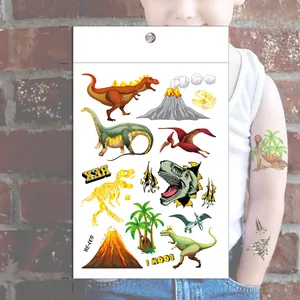 Détail des tatouages temporaires dinosaures WB-009 avec motifs colorés de T-Rex pour enfant