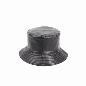 Detail of the black PU leather bucket hat showing reinforced stitching on the brim