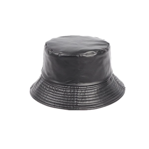Classic black PU leather bucket hat for men and women with stitching details on the brim