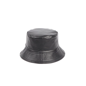 Detail shot of black PU leather bucket hat showing parallel stitching on the brim