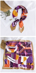 Detailed pattern of a square silk scarf with geometric purple and orange artistic prints