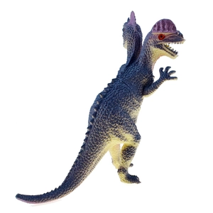 Detailansicht der tiefblauen Dilophosaurus-Spielfigur mit markanten lila Kämmen auf dem Kopf