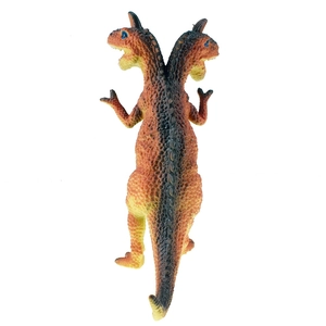 Makro-Detail des zweiköpfigen Drachenspielzeugs mit orangefarbenen Schuppen und Rückenstruktur
