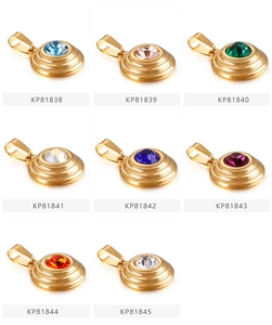 Grid view of titanium steel round pendants with eight colorful zircon stone options