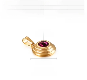 Detail view of gold stainless steel pendant featuring a 16.5mm purple crystal inset