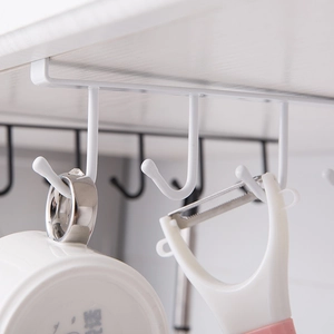 White metal under-cabinet hook rack with six hooks for kitchen and wardrobe organization
