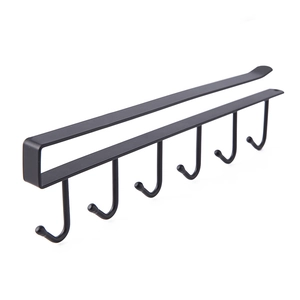 Black under-shelf kitchen storage rack with 6 hooks made of durable wrought iron metal