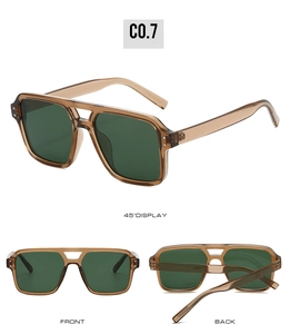Macro views of vintage double-bridge sunglasses with amber frames and dark square lenses