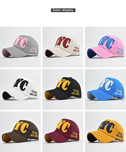 Grid display showing nine color variations of the distressed cotton NYC baseball caps