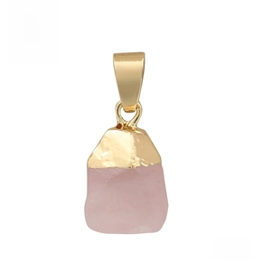 Detail shot of faceted natural rose quartz pendant with a wide gold plated metal bail