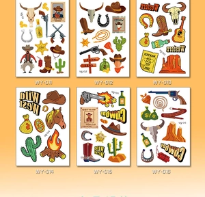 Detailed views of six creative cowboy cartoon temporary tattoos for kids with cactus themes