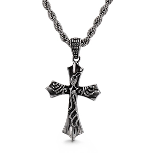 Retro gothic cross pendant necklace in stainless steel with textured relief on twisted chain