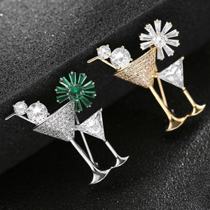 Fashion cocktail glass brooches in gold and silver finish with sparkling crystals