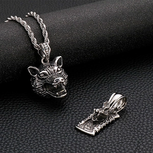 Vintage stainless steel wolf head and dragon embossed rectangle pendant necklaces for men