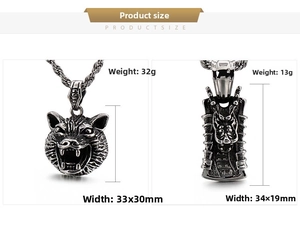 Gothic punk wolf head and dragon totem pendant necklaces in vintage silver finish
