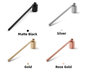 Candle snuffers in matte black, silver, gold, and rose gold with bell shaped swivel heads