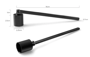Detail view of black stainless steel candle snuffer with precise 16cm length dimensions