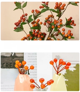 Detailed macro view and home decor display of lifelike red berry floral arrangement stems