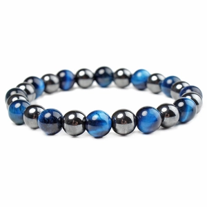 Beaded health bracelet featuring 12mm blue tiger eye and hematite stones on white background